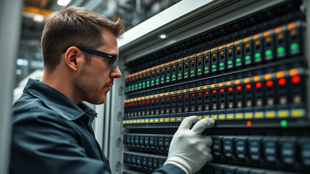 A maintenance technician inspecting DIN-rail mounted PLC modules inside an open industrial control cabinet A maintenance technician inspecting DIN-rail mounted PLC modules inside an open industrial control cabinet